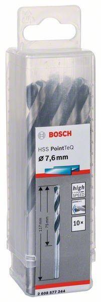 Ein Bosch HSS PointTeQ Bohrerspitzenpaket mit der Größenangabe 'Ø 7,6 mm' und einer Abbildung, die eine hohe Leistung bei hoher Geschwindigkeit anzeigt.