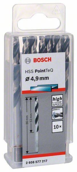 Ein Paket Bosch HSS PointTeQ Bohrer, gekennzeichnet mit einem Durchmesser von 4,9 mm. Das Paket enthält Informationen zur Bohrerschaftlänge und verfügt über eine Hochgeschwindigkeitsfunktion.
