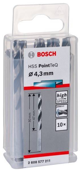 Eine Bosch HSS PointTeQ Bohrerspitze-Packung mit 4,3 mm Durchmesser, geeignet zum Bohren von Metall, mit 10 Bohrern enthalten.