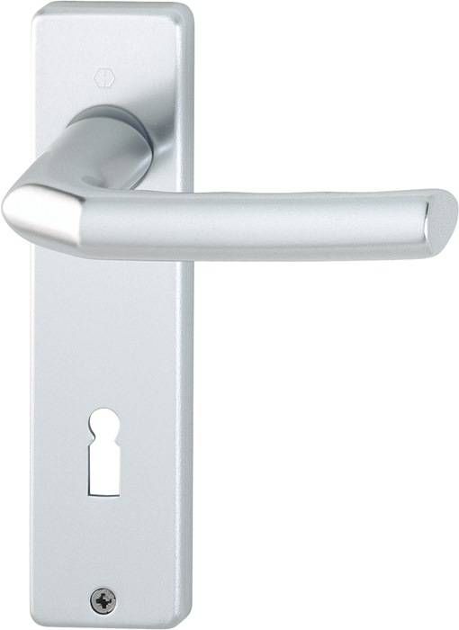 Ein silberner Türgriff auf einem rechteckigen Rückschild, der einen Schlüssellochausschnitt darunter aufweist und für den Einsatz an Innentüren konzipiert ist.