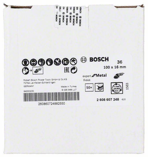 Ein Bosch-Produktverpackung. Details umfassen Modell '36', Größe '100 x 16 mm', 'R444', 'Experte für Metall', '50x'. Hergestellt in der Türkei.