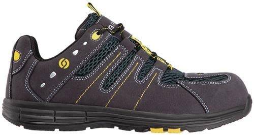 Ein schwarzer und grauer Wanderschuh mit gelben Nähten, entwickelt für Langlebigkeit und Outdoor-Aktivitäten, mit einer strukturierten Sohle für guten Halt.