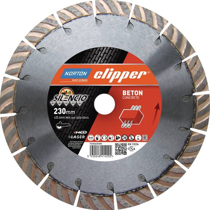 Eine kreisförmige industrielle Sägeblatt mit gezahnten Kanten, beschriftet mit 'Beton Concrete 230mm'. Die zentrale Nabe zeigt Markenlogos und Verwendungssymbole.