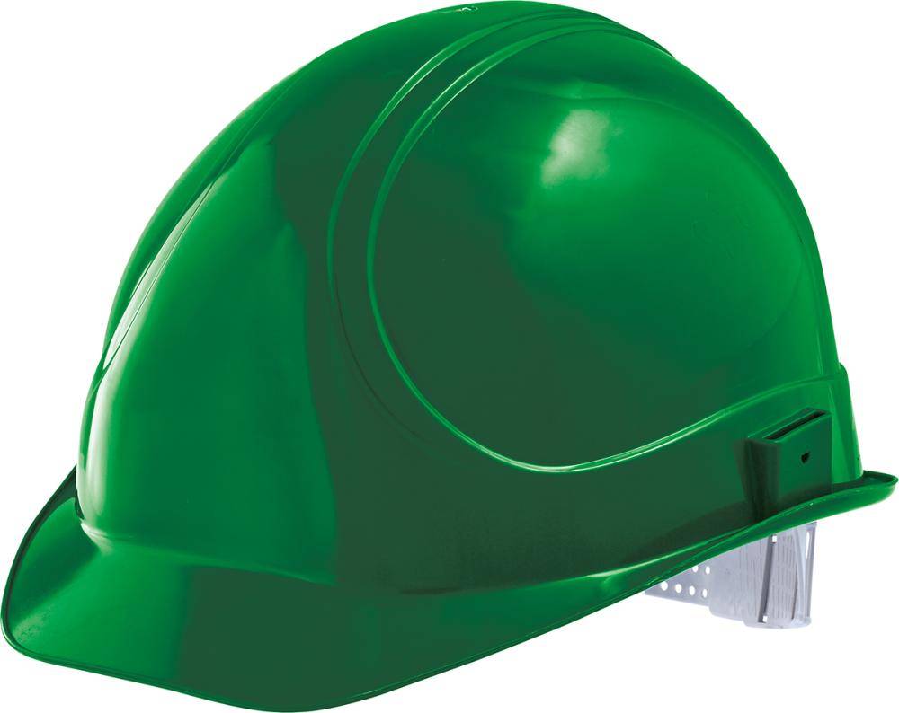 Grüner Bauhelm auf weißem Hintergrund, in Seitenansicht gezeigt.