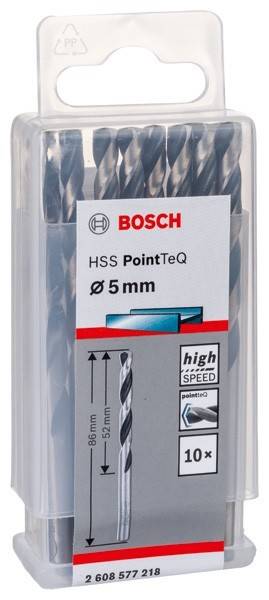 Packung mit Bosch HSS PointTeQ Bohrern, 5 mm Größe, hergestellt aus Schnellarbeitsstahl für effizientes Bohren in Metall.