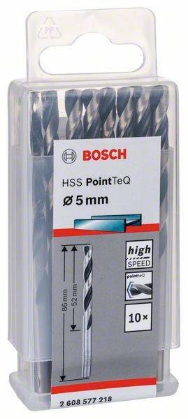 Ein Paket Bosch HSS PointTeQ Bohrer, 5 mm Größe, mit High-Speed-Etikett.