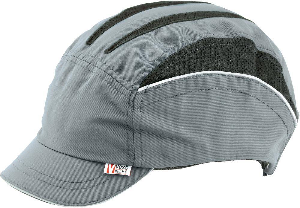 Grau-schwarze Mesh-Radmütze mit kurzer Schirm und reflektierendem Besatz, in Profilansicht auf weißem Hintergrund dargestellt.