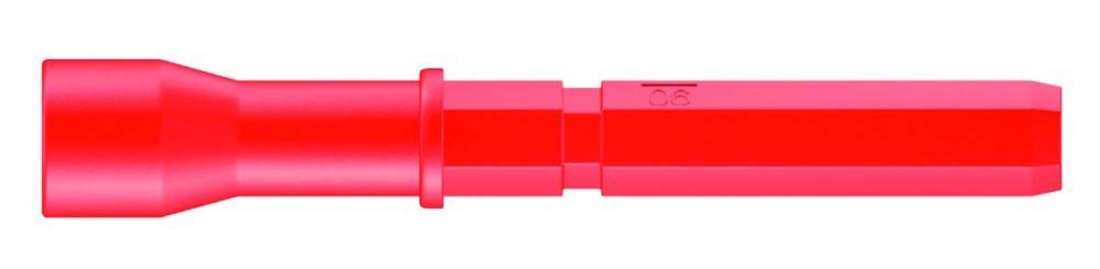 Ein roter Kunststoff-Dübel mit einer zylindrischen Form und gerillten Seiten, der zum Befestigen von Schrauben in Mauerwerk oder Trockenbau verwendet wird.