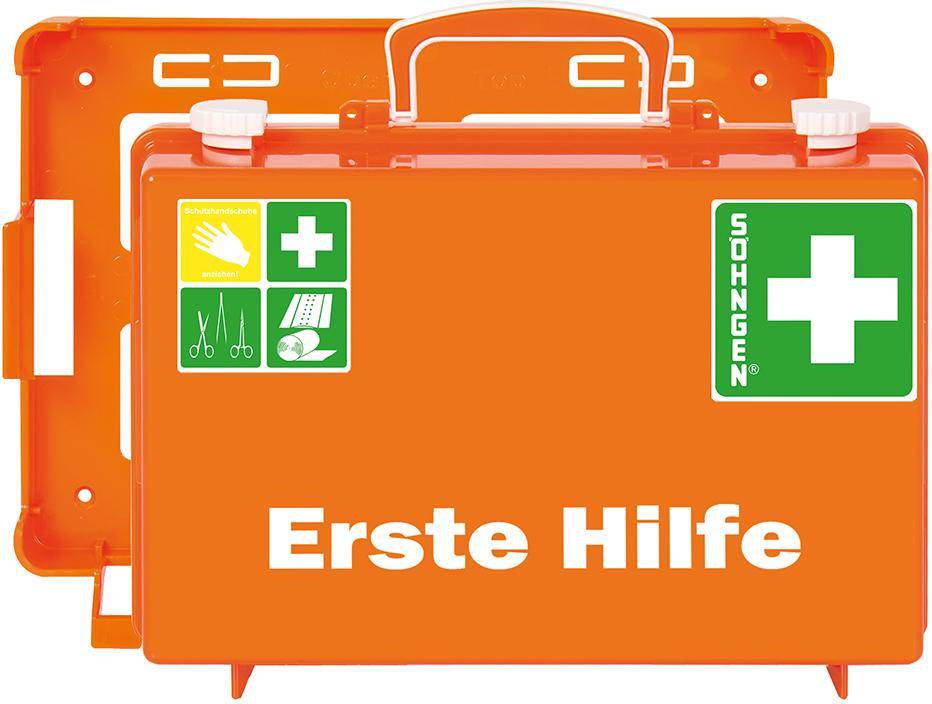 Orange Erste-Hilfe-Kasten mit der Bezeichnung „Erste Hilfe