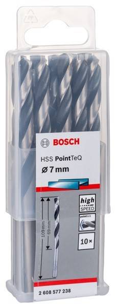 Ein Paket mit Bosch HSS PointTeQ Bohrern, Größe 7 mm. Die Bohrer sind für das Bohren in Metall, Holz und Kunststoff entwickelt.