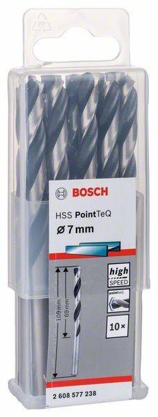 Packung mit Bosch HSS PointTeQ Metallbohrern, 7 mm Durchmesser. Hochgeschwindigkeits-Design für gesteigerte Effizienz, mit drei sichtbaren Bohrern.