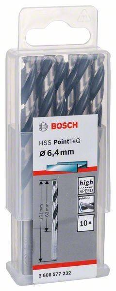 Ein Bosch HSS PointTeQ Bohrerset, gekennzeichnet mit '6,4 mm', mit einer Hochgeschwindigkeitsstahl-Konstruktion für effizientes Bohren.