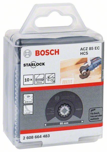 Bosch Starlock ACZ 85 EC HCS' Verpackung mit einer kreisförmigen Sägeblatt-Darstellung, Verwendungsabbildungen und Kompatibilitätsinformationen.