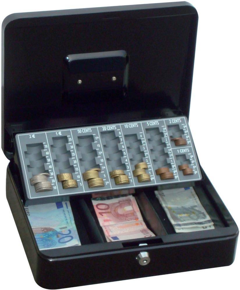 Offene Geldkassette mit Münzschlitzen und Euro-Banknoten im Inneren, angeordnet zum Zählen des Wechselgelds.