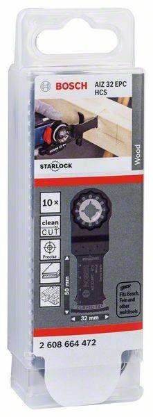 Starlock-Paket mit 10 präzisen Holzschneidblättern und einer Sauberschnitt-Funktion, mit Betonung auf Präzision und Kompatibilität.