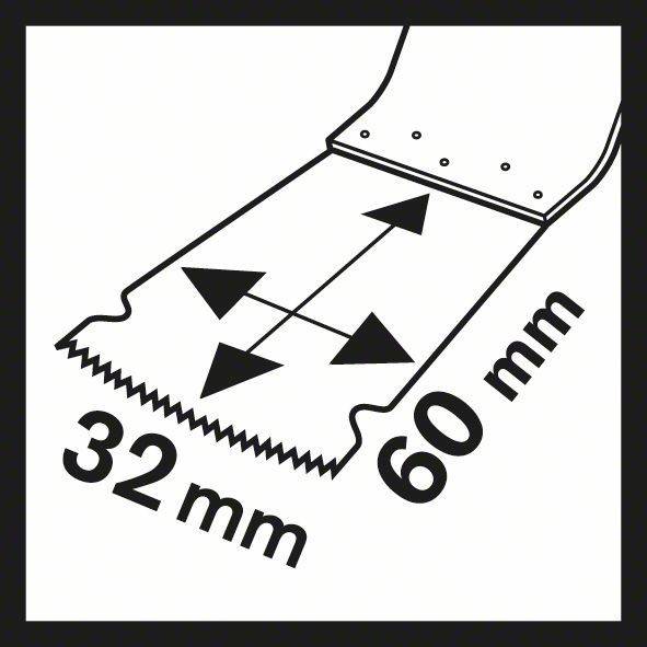 Darstellung einer Sägeblatt mit den Beschriftungen '32 mm' und '60 mm'. Pfeile zeigen Breite und Länge an.