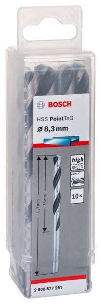 Ein Bosch HSS PointTeQ Bohrer für Hochgeschwindigkeitsbohren, Durchmesser 8,3 mm, in Verpackung mit Fokus auf Präzision und Geschwindigkeit.
