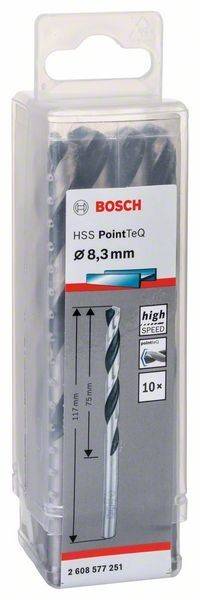 Bosch Bohrerspitze mit Aufschrift 'HSS PointTeQ' für 8,3 mm, Hochgeschwindigkeit. Abbildung eines Spiralbohrers und sichtbare Logos.
