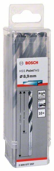 Bosch HSS PointTeQ Bohrer, 8,9 mm Durchmesser, optimiert für hohe Geschwindigkeit. Verpackung zeigt Bohrerbild und Unternehmenslogo.