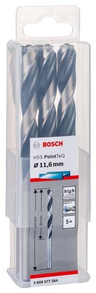 Ein Set von Bosch HSS PointTeq Bohrern in einer Plastikbox, gekennzeichnet mit 'Ø 11,6 mm'.