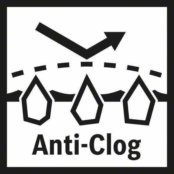 Symbol für ‚Verstopfungsschutz', der einen Pfeil über stilisierte Wassertropfen zeigt, die eine segmentierte Linie durchqueren und Wasserresistenz andeuten.