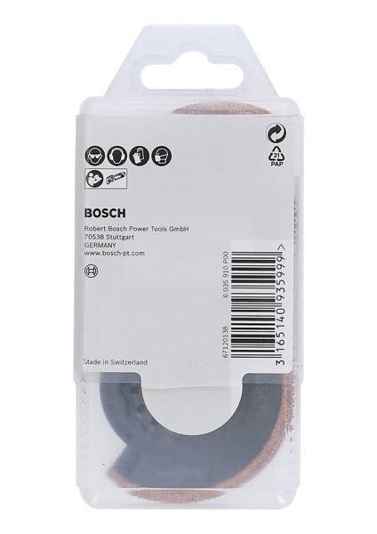 Verpackung für ein Bosch-Elektrowerkzeug mit Markenlogo, Barcode, Recycling-Symbolen und Herkunftsangabe: 'Hergestellt in der Schweiz'.