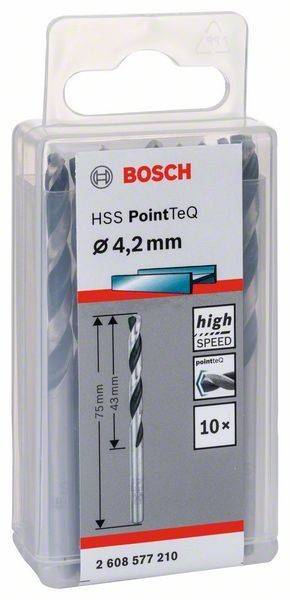 Packung mit Bosch HSS PointTeQ Bohrern, 4,2 mm Durchmesser. Enthält 10 Stück mit High-Speed-Performance-Eigenschaften.
