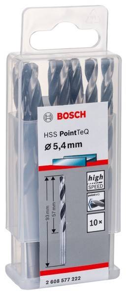 Das Bild zeigt Bosch-Bohrer mit der Aufschrift 'HSS PointTeQ Ø 5,4 mm' auf dem Etikett, was auf Hochgeschwindigkeitsstahl-Bohrer zum Bohren hinweist.