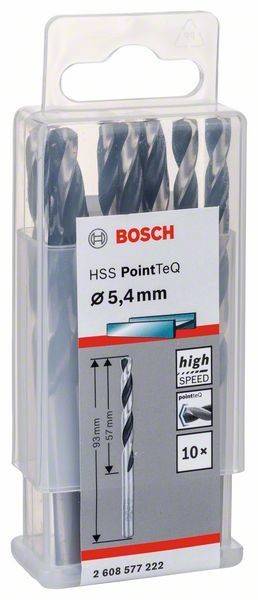 Bosch HSS PointTeQ Bohrbitset, Größe 5,4 mm, mit Hochgeschwindigkeits-Spiraldesign für effizientes Bohren. Verpackung zeigt Produktdetails.