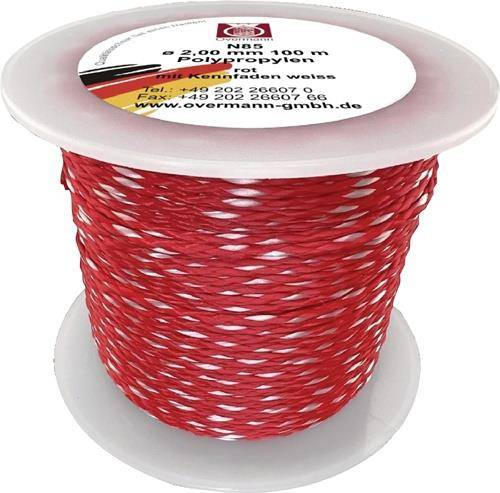 Eine Spule rotes und weißes Polypropylen-Bindfaden, gekennzeichnet mit Kontaktdaten des Herstellers, geeignet für verschiedene Bindezwecke.