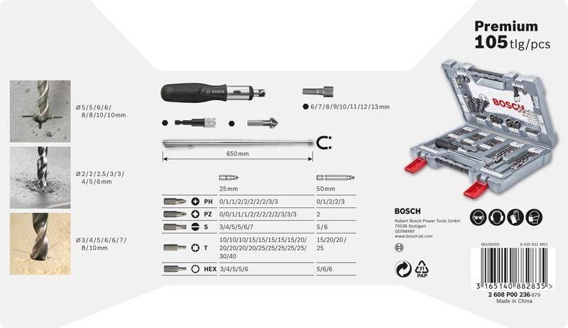 Schraubendreher-Set von Bosch; umfasst Griff, Verlängerungen, verschiedene Bit-Typen und -Größen, mit Auswahlinformationen und Maßangaben.