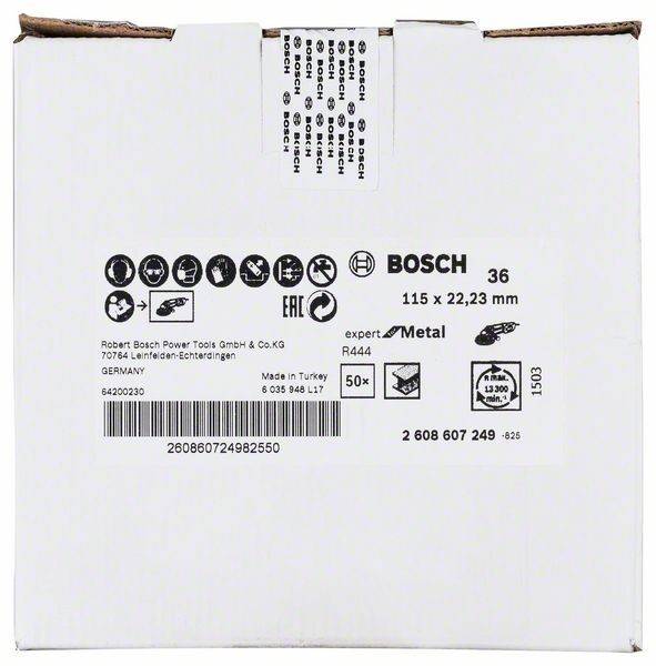 Box für Bosch Metall-Schleifscheiben, Modell 36, 115 x 22,23 mm, enthält 50 Stück. Hergestellt in der Türkei. Barcode und Sicherheitssymbole sichtbar.