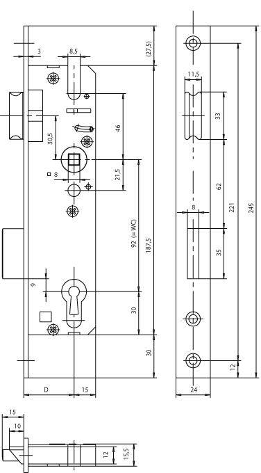 PT-Einsteckschloss 28 PZW8/92,D20,DL/DR hell verz