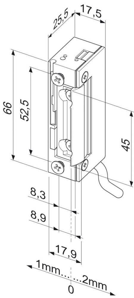 Technische Zeichnung eines Türschlossmechanismus mit Maßangaben: Höhe 66 mm, Breite 52,5 mm, vertikaler Schnitt 45 mm und Schraubenpositionierungen.