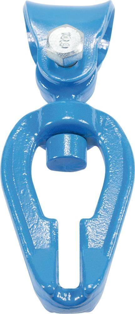 Blauer Metallösenbolzen mit kreisförmigem Ring und oberer Befestigungsschraube, dargestellt vor weißem Hintergrund.