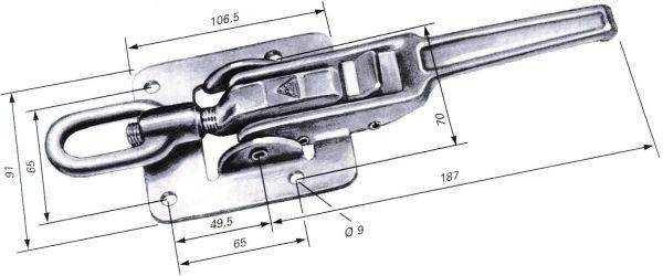 Technische Zeichnung einer Metallspannklemme, in Seitenansicht dargestellt mit Maßen in Millimetern.