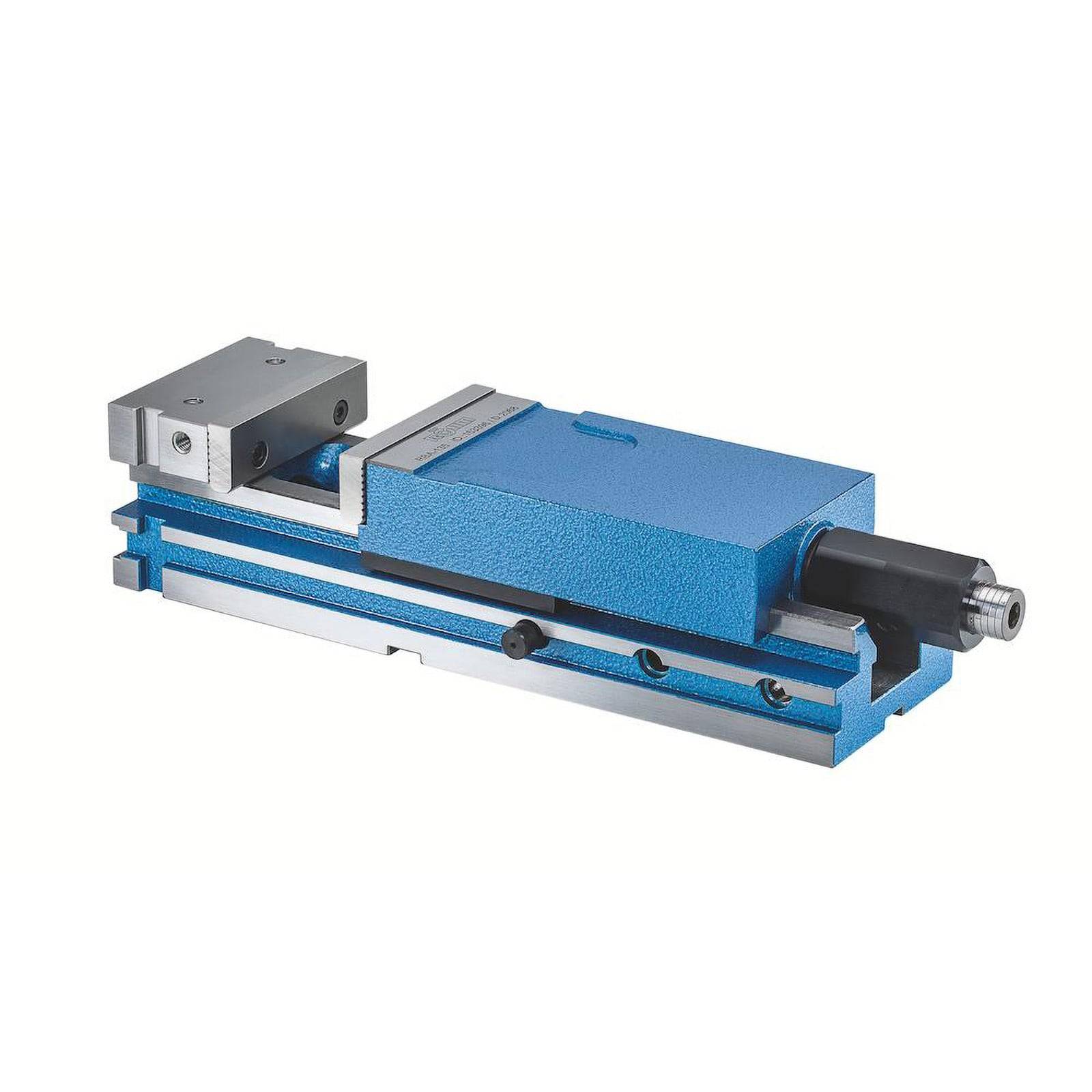 Ein blaues Industriemaschinenteil, wahrscheinlich ein Schraubstock oder eine Klemmvorrichtung, mit einem beweglichen Backenmechanismus und einer Metallausführung, das in Maschinen oder im Ingenieurwesen verwendet wird.