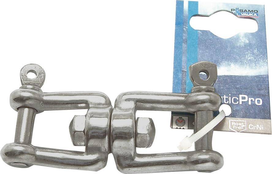 Metallkettenverbinder mit zwei Edelstahlgliedern und einem zentralen Bolzen, gezeigt auf der Produktverpackung.