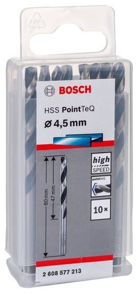 Bosch HSS PointTeQ Bohrersatz, 4,5mm, Schnellarbeitsstahl, 10 Stück, in Verpackung gezeigt mit Längenangaben: 80mm Gesamtlänge, 47mm Arbeitslänge.
