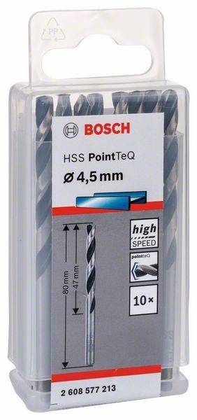 Bosch-Bohrersatz, beschriftet als 'HSS PointTeQ Ø 4,5 mm', verfügt über Hochgeschwindigkeitsfähigkeit, mit 85 mm und 45 mm Markierungen.