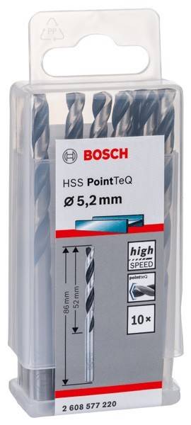Bosch HSS PointTeQ Bohrer, 5,2 mm, Schnellarbeitsstahl, 5er-Set. Entwickelt für präzises Bohren in Metall, geliefert in einem robusten Etui.