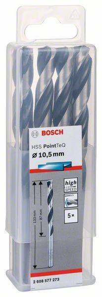 Bosch HSS PointTeQ Bohrer, 10,5 mm Durchmesser, Hochgeschwindigkeits-Bohrer in Kunststoffverpackung, drei Bohrer mit Etikettendetails zeigend.
