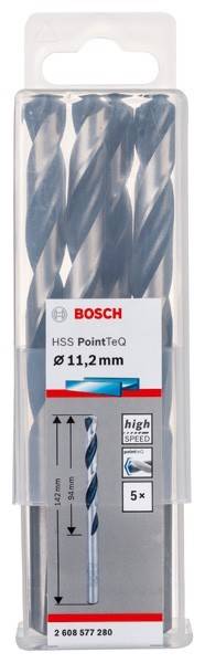 Ein Bosch HSS PointTeQ Bohrer in der Verpackung, beschriftet mit ‚Ø 11,2 mm'.