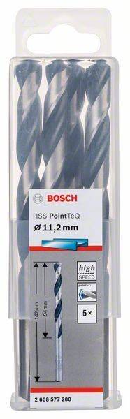Verpackung des Bosch HSS PointTeQ Bohrers mit Bohrern. Etikett zeigt eine Größe von 11,2 mm, geeignet für hochgeschwindigkeitsbohrungen.