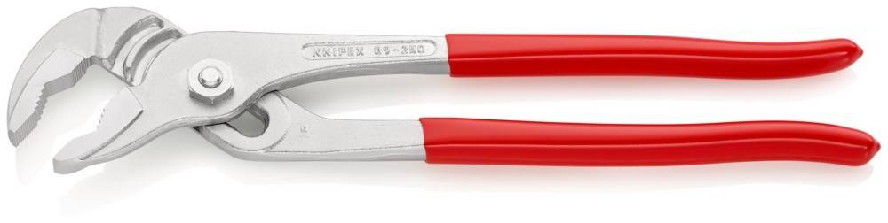 Rote Zange mit teilweise sichtbarem Griff, die einen metallischen, gebogenen Backen und Griff zeigt, mit dem Text 'KNIPEX 82-250' auf dem Metall.