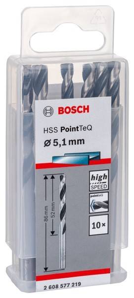 Verpackung für Bosch HSS PointTeQ Bohrer, 5,1 mm Durchmesser, mit hoher Geschwindigkeit und Effizienz.