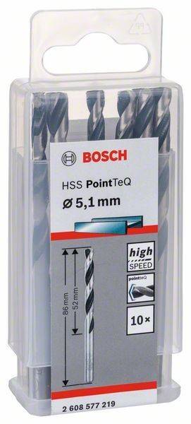 Eine Bosch HSS PointTeQ Bohrerspitzenverpackung, die einen 5,1 mm Durchmesser-Bohrer für Hochgeschwindigkeitsbohren mit einer spitzen Spitze zeigt.