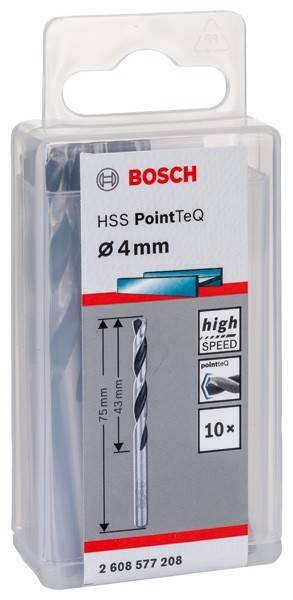 Bosch HSS 4mm PointTeQ Bohrer-Verpackung. Mit Bohrsymbol und 'Hochgeschwindigkeits'-Text sowie einem kleinen Bild, das die Bohrerspitze zeigt.