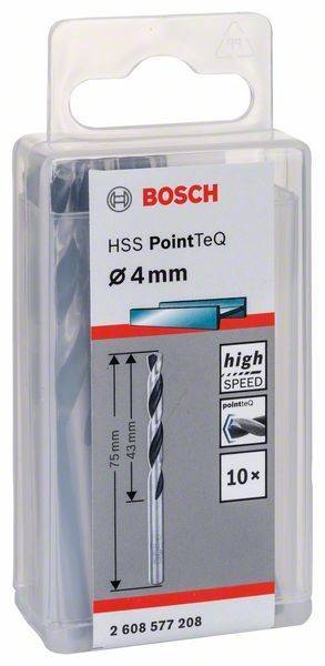 Bosch HSS PointTeQ Metallbohrer-Set, Ø 4mm, 10 Stück, Länge 75mm. Mit 'High Speed'-Etikett und Produktabbildungen.