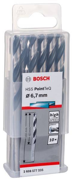 Eine Packung Bosch HSS PointTeq Bohrer, 6,7 mm Größe, mit dem Aufdruck „High Speed